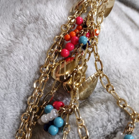 Colorful Gold Chain Charming Necklace Beads Triple Strand Women's Fashion - Picture 8 of 13